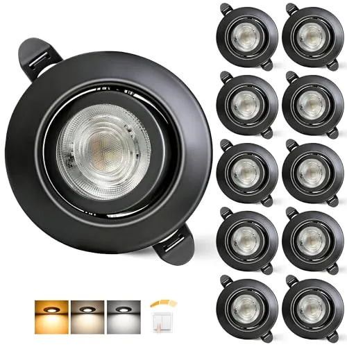 Aulaiyi 3CCT Downlight LED Techo Empotrable 230V Regulable 68mm 5.5W IP44 Ojos de Buey Extraplano Focos LED Interior Techo 45° Giratorio Foco Empotrable para Baños, Negro 10 Pack
