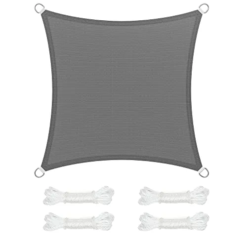 SONGMICS Vela de Sombra de 5 x 5 m, Tejido HDPE de Protección Solar, Transpirable, Permeable al Agua, Terraza, Jardín, Balcón, Camping, Cuadrada, Cóncava, Cuerdas de 2 m, Gris Ahumado GSS55GY