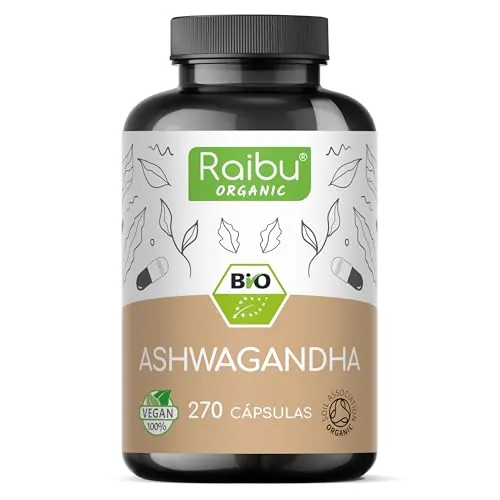 Raibu Ashwagandha Cápsulas BIO (270 cápsulas - 2400 mg Dosis Diaria) Ashwagandha Polvo de Raíz I Ecológica Dosis Alta, Primera Calidad, sin Aditivos, Envasado en Europa