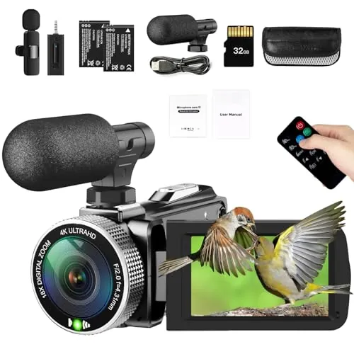 Cámara de vídeo 4K, videocámara de 48 MP y 30 FPS para YouTube, grabadora de vlogs con vídeo FHD 1080p / zoom digital 18x / pantalla IPS giratoria de 3,0'' y 270°, con mando a distancia / 2 baterías