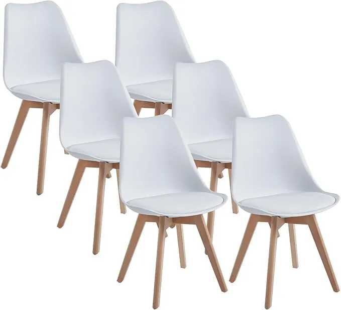 DEWINNER Pack de 6 Sillas de Comedor, Silla Blanca, Sillas de Cocina, Asiento Acolchado Tapizado y Patas de Madera Maciza de Haya
