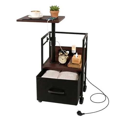Bingyouth Mesita de Noche con Enchufe y USB, Mesa Auxiliar con Ruedas y Freno, giratoria 360° y Altura Ajustable, Gran almacenaje con cajón, Acabado Negro Nogal, Poste Reforzado, salón y Dormitorio