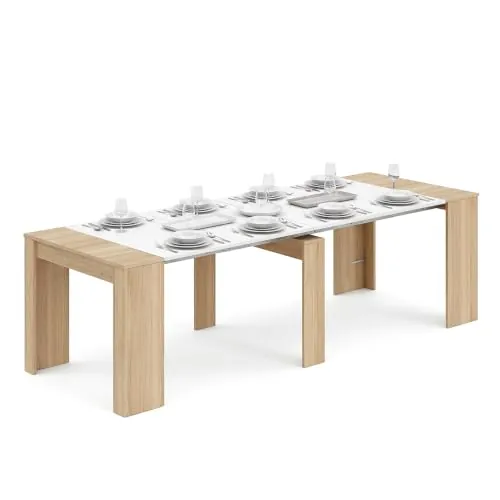 duehome Mesa Consola Extensible Denis, 5 Posiciones, Multifunción | Mueble Convertible, Roble Canadian y Blanco Artik, para Salón, Cocina, Comedor, Recibidor y Escritorio, 50-235 x 90 x 78 cm