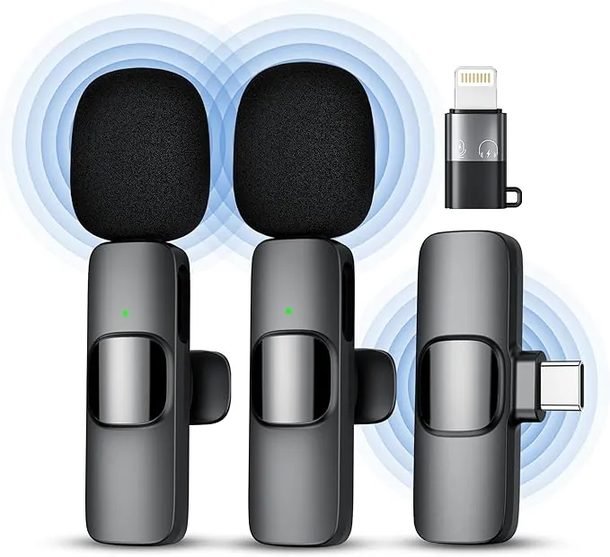 Micrófono inalámbrico para iPhone, iPad, Android, micrófono de Solapa para grabación de vídeo - 2 Pack iPhone Mic Crystal Clear Recording con USB-C para micrófono Podcast.