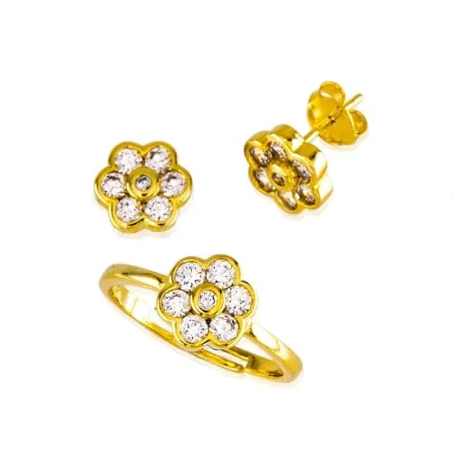 Minoplata Conjunto infantil flor de Plata de ley chapada en Oro con Circonitas