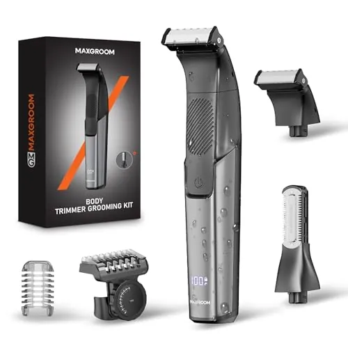 MAXGROOM Afeitadora Corporal Masculina 2 en 1, Depiladora Corporal Hombre con Peine Ajustable para Cuerpo y Zona Intima, en Seco y Húmedo, Pantalla LED y Recargable Tipo-C, Negro