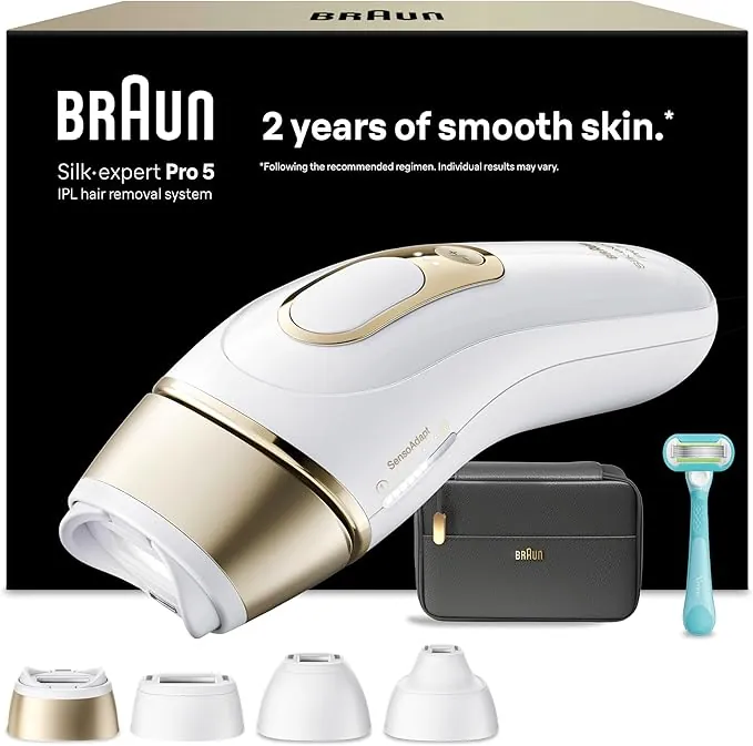 Braun Depiladora Luz Pulsada Silk·expert Pro 5, IPL, Depilación Láser En Casa Para Cara Y Cuerpo, Reducción Permanente Del Vello, Depiladora Laser Con 4 Cabezales, Neceser y Maquinilla Venus, PL5431