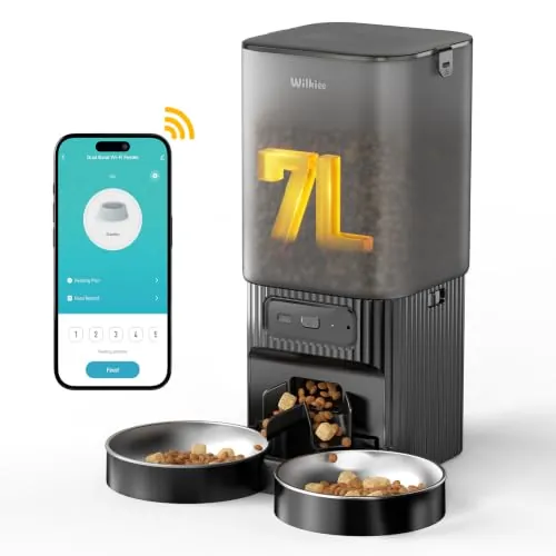 Comedero automático, 2 Cuencos, 7L, App, con Temporizador Wi-Fi 2.4G y 5G