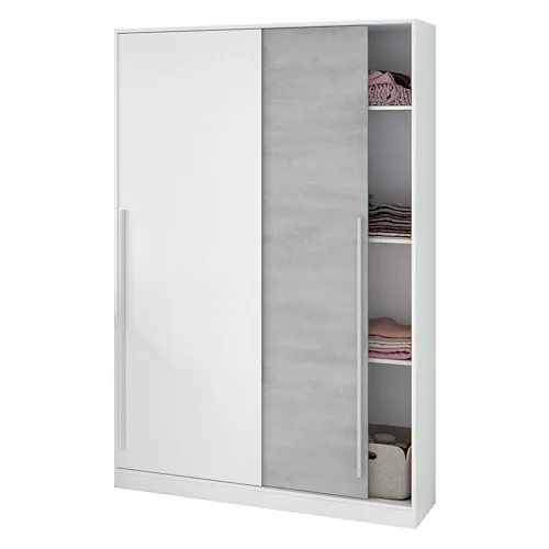 Habitdesign Armario 2 Puertas Correderas con Estantes y Barra, 200x120x50 (AltoxAnchoxFondo - en cm), Color Blanco Artik y Cemento, Modelo Indira