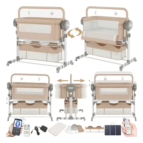 Doraystar Eléctrico Bluetooth Inteligente Cuna Colecho Bebe, Minicuna Colecho Bebe Plegable Convertible, Cuna Next to me con Colchon, Música, 5 Engranajes de Balanceo y Control Remoto (608 Khaki)
