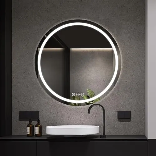 Simusi 70cm LED Espejo Baño con Luz de Redondo, 3 Colores Luz, Antivaho | Espejo de pared impermeable IP44, luz regulable, cristal templado resistente para baños