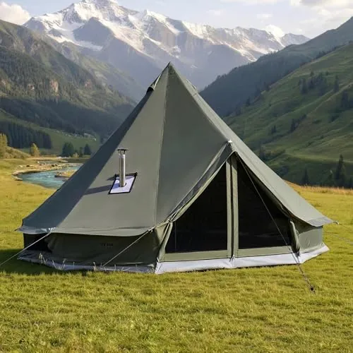 VEVOR Tienda de Campaña para 3-4 Personas, Carpa Yurta de Tela Transpirable, con Salida de Humo Ventanas de Ventilación Suelo Desmontable con Cremallera, para Glamping Acampar Festivales Reuniones