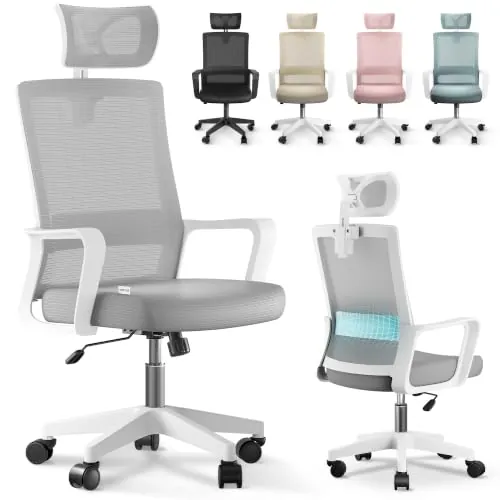 JUPPLIES Silla Escritorio Ergonomica - Silla Oficina Ajustable y Reclinable con Soporte Lumbar, Reposacabezas Ajustable, Malla Transpirable, Ruedas Giratorias 360° Soporta hasta 120kg (Gris)