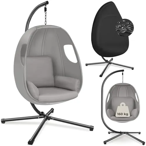 tectake® Columpio Jardín Exterior con Estructura, Silla Colgante Giratoria, Altura Ajustable, Resistente a la Intemperie, Sillón Colgante, hasta 160Kg, con Funda Protectora y Cojines - Gris Claro
