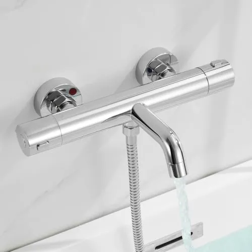 Auralum Grifo Ducha Termostático de Acero Inoxidable 304, Grifo Bañera con Bloqueo Seguridad 38°C, Grifo Ducha Columna Control Preciso de Temperatura, Caño Giratorio y Diseño Redondo Moderno, Cromo