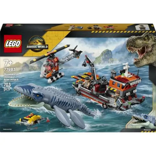 LEGO Jurassic World Ataque del Dinosaurio Marino Mosasaurus 77983 | Juguetes para niños de 7+ años, barco de juguete, figura de dinosaurio, helicóptero, regalo de cumpleaños, 703 piezas
