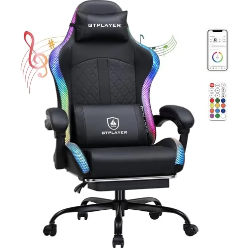 GTPLAYER Silla de gaming, silla de oficina, silla de gaming con altavoz y barra de luz, silla gamer, respaldo con bolsa de almacenamiento, silla ergonómica de PC con mando a distancia