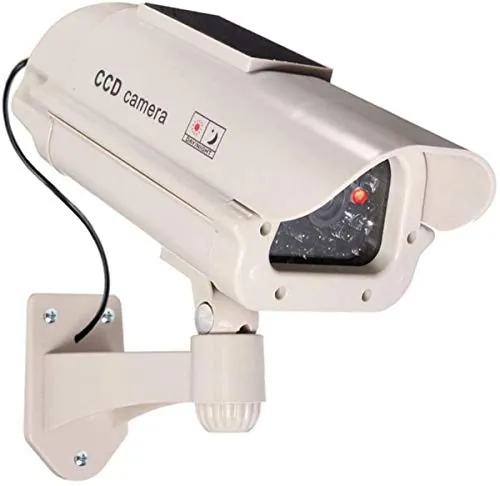O&W Security Cámara de vigilancia falsa solar grande – Cámara falsa con lente y LED intermitente (efecto infrarrojo), resistente al agua, soporte de 360° para pared/techo, sensor LED, para interior y