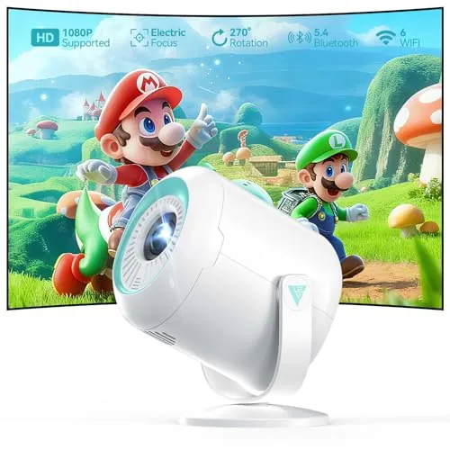 【Enfoque Eléctrico & 270° Rotable】Nasin VF211WF Mini Proyector con WiFi 6 & Bluetooth 5.4, Support 1080P 4K, Proyector Portátil Compatibile con HDMI/USB/Tipo C/TV Stick/Smartphone/Tablet/Laptop/PC/PS5
