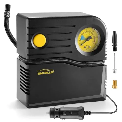 WindGallop Compresor Aire Portatil12v Inflador Ruedas Coche Hinchador Electrico Bicicleta Mini Compresor de Aire Portatil Bomba de Aire con Manómetro de Neumáticos y Adaptadores de Válvulas (Amarillo)
