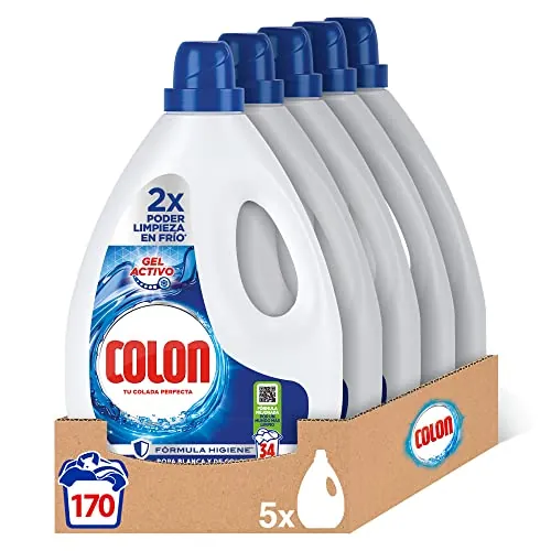 Colon Gel Activo - Detergente para lavadora líquido, fórmula higiene, adecuado para ropa blanca y de color, formato gel - pack de 5, hasta 170 dosis