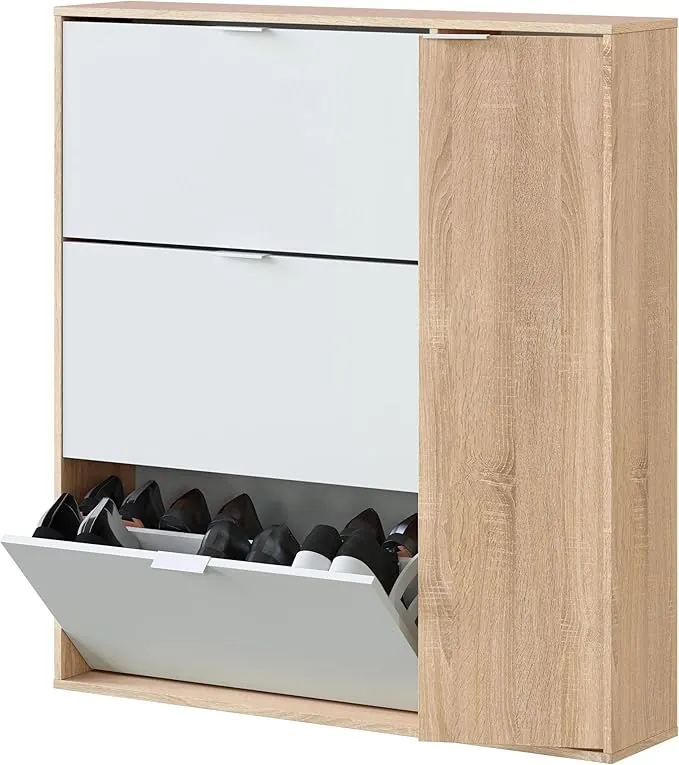 Habitdesign Mueble Zapatero 4 Puertas, Modelo Class, Acabado en Roble Canadian y Blanco Artik, Medidas: 106 cm (Ancho) x 115 cm (Alto) x 22 cm (Fondo)