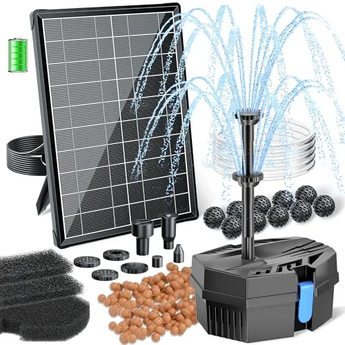 Biling - Filtro de estanque solar de 8W con batería y 10 boquillas, bomba de estanque solar con filtro para estanques claros de hasta 500L, bomba de filtro silenciosa para mini estanque de jardín