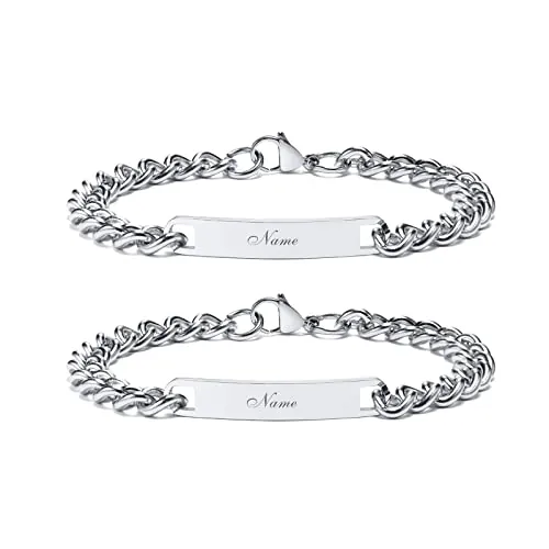 VNOX Pulsera Personalizada Grabada con Nombre para Hombre y Mujer, Esclava de Acero Inoxidable, Pulseras a Juego para Parejas Amigas Familia Negro Oro