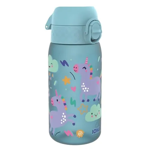 ion8 Botella de Agua para Niños, 350ml, a Prueba de Fugas, Fácil de Abrir, Cerradura Segura, Apta para Lavavajillas, Sin BPA, Asa de Transporte, Fácil de Limpiar, Neutro en Carbono, Unicornios Azul