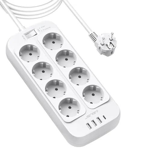 JSVER Regleta Enchufe 3M, Proteccion Sobretensioncon 4 Puertos de USB(3 USB A+1 USB C) y 8 Tomas 3680W 16A Enchufe Alargador para iPad iPhone Tablets-Blanco