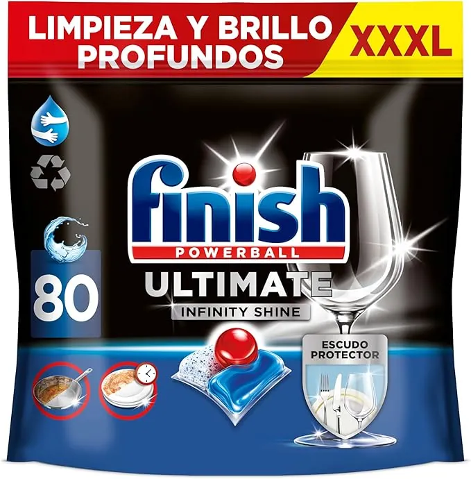Finish Powerball Ultimate Infinity Shine, pastillas para el lavavajillas con poder quitagrasas y protección del cristal, 80 pastillas
