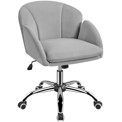 Yaheetech Silla de Oficina Silla Terciopelo con Respaldo Silla Gris Claro | Silla de Oficina, Altura Ajustable, Silla Blanca, Capacidad Max de 136 KG, Ruedas Giratorias, Silla Alchoada