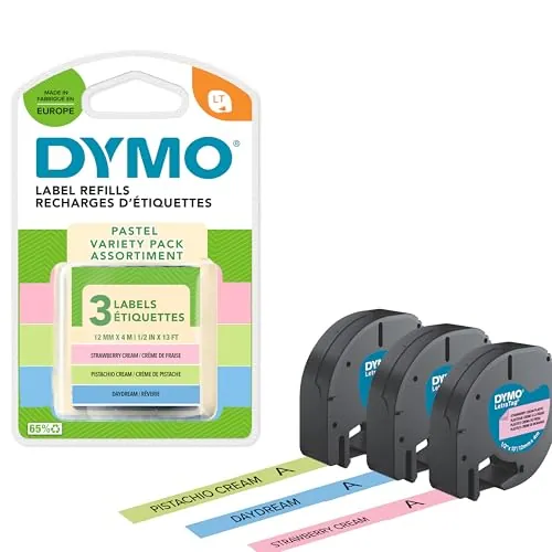 DYMO LetraTag Etiquetas auténticas en Colores Pastel Starter Pack | verde pistacho, azul claro y rosa | 12 mm x 4m (X3) | para las etiquetadoras LetraTag | autoadhesivo