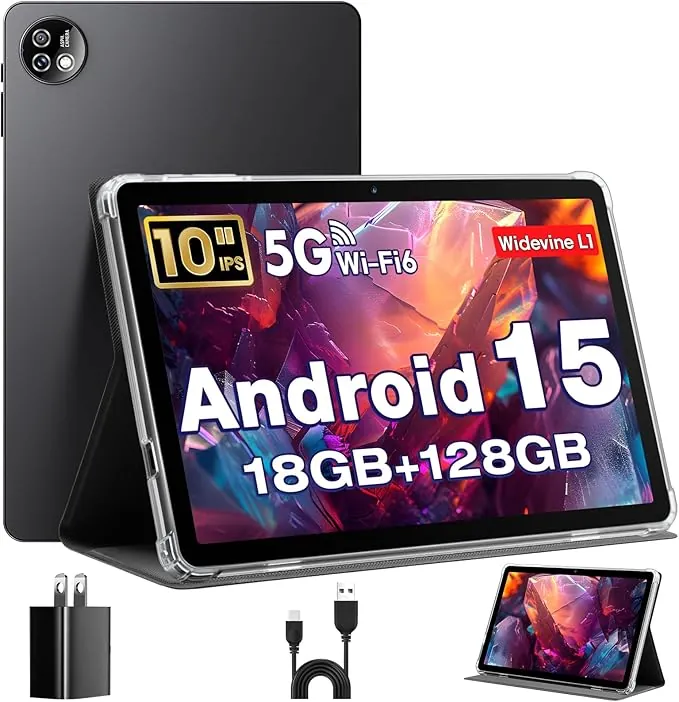Tablet 10 Pulgadas, Tableta Android 15 con Funda, Octa-Core, 18 GB RAM + 128 GB ROM + 1 TB TF, Pantalla HD IPS 1280 x 800, Cámara Dual 5MP + 8MP, 6000 mAh, WiFi 6, BT 5.0, Widevine L1, GPS, K30