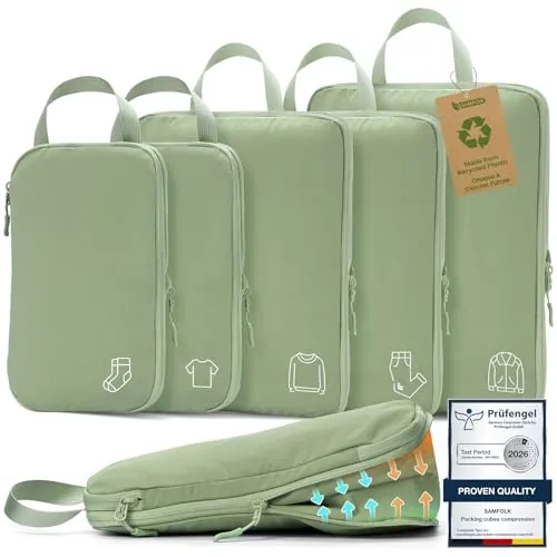 Organizador Maleta,Compression Packing Cubes,Impermeable Bolsas Organizadoras Viaje Bag Organizer Verde Set De 5 Piezas