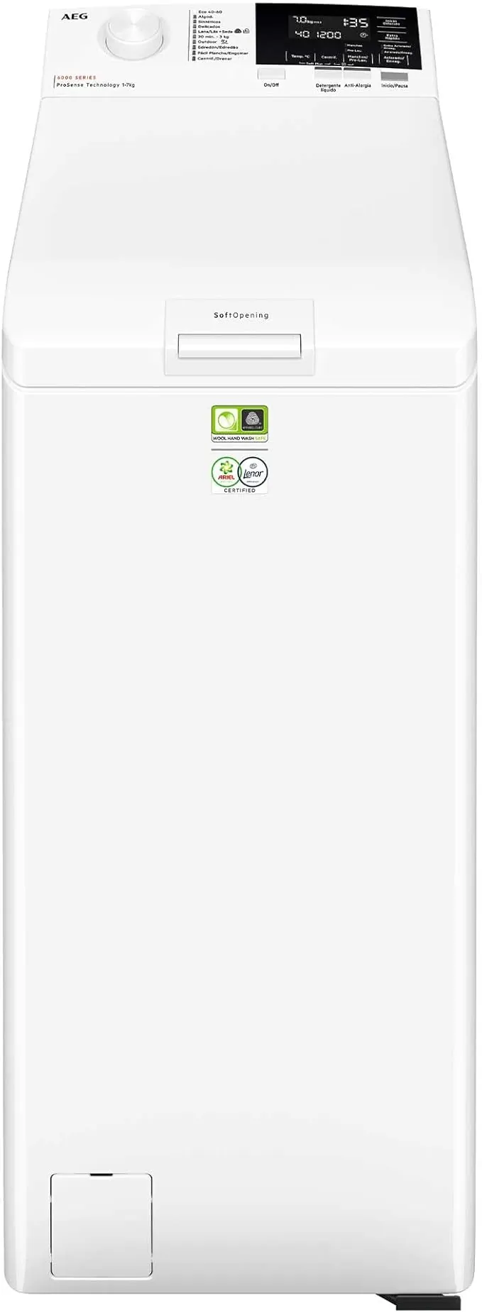 AEG LTA6G7331E, Lavadora de Carga Superior 7 Kg, 1300 rpm, Libre Instalación, Función Prosense, Soft Opening, Programa Timesave, Cajón LiquiSystem, Display LCD, Serie 6000, Blanca, Clase A
