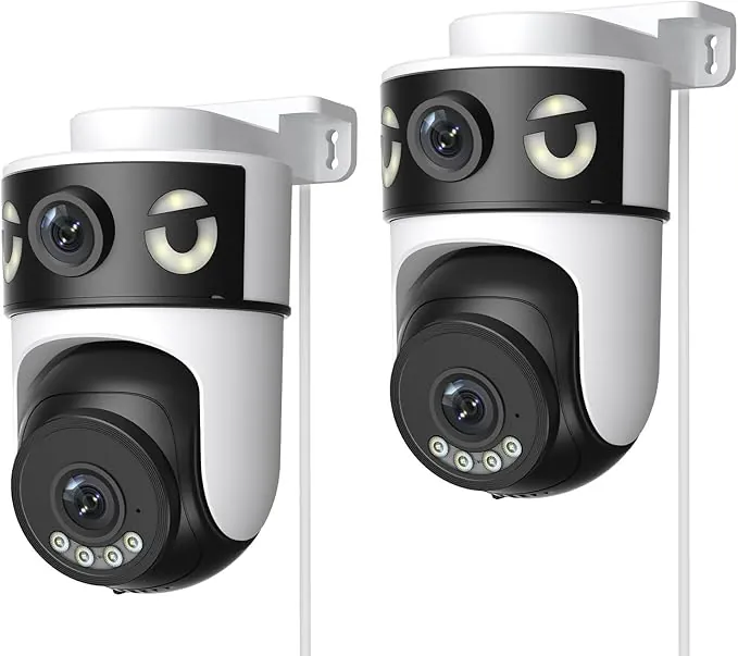 Reobiux 2K Camara Vigilancia WiFi Exterior con Doble Lente, Cámara IP Vigilancia Domicilio con Visión Nocturna Color, Seguimiento Automático, Audio Bidireccional, Grabación Continua 24/7, 2 Pack