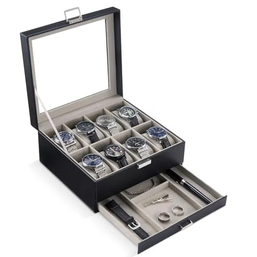 ProCase Caja de Relojes 8 Ranuras con Cajón -Negro | Organizadora de Reloj de 2 Capas, Estuche de Relojes con Tapa de Cristal, Idea de Regalo