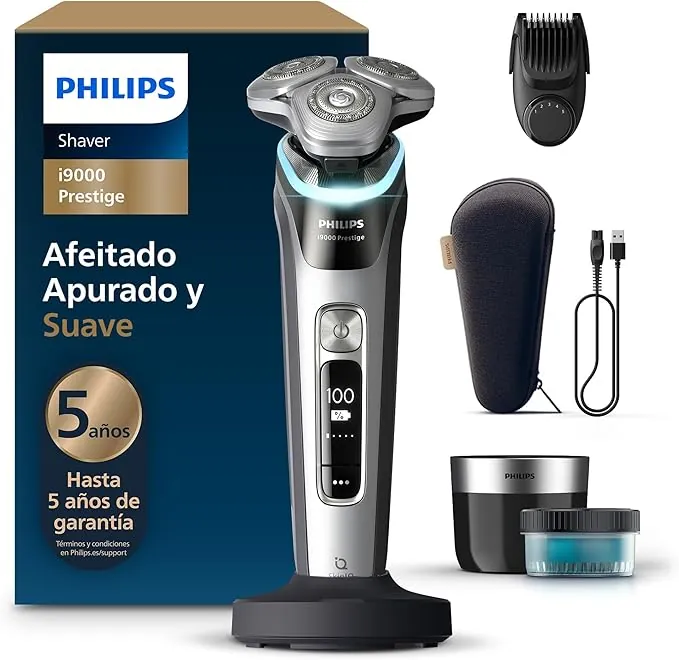 Philips i9000 Prestige, Afeitadora Eléctrica Hombre, Máquina de Afeitar Barba en Seco y Mojado, Tecnología SkinIQ, Base de Carga, Recargable, Estuche, Centro de limpieza, Recortador, XP9204/33