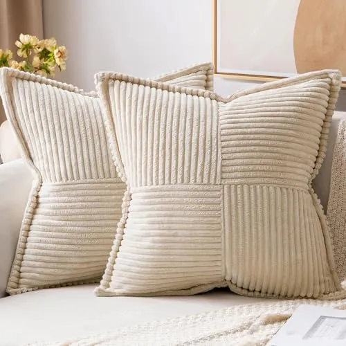 MIULEE Funda de Cojines para Sofá 50x50 cm Funda de Almohada de Corduroy Súper Suave Cojin de Pana a Rayas Decoración Moderna para Sofá Silla Cama Sala de Estar Dormitorio 2 Piezas Creme