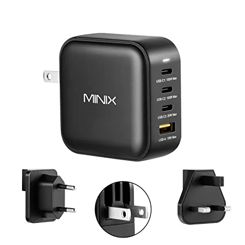MINIX P3 100W Cargador USB C GAN 4 Puertos, Adaptador de Pared PD de Viaje