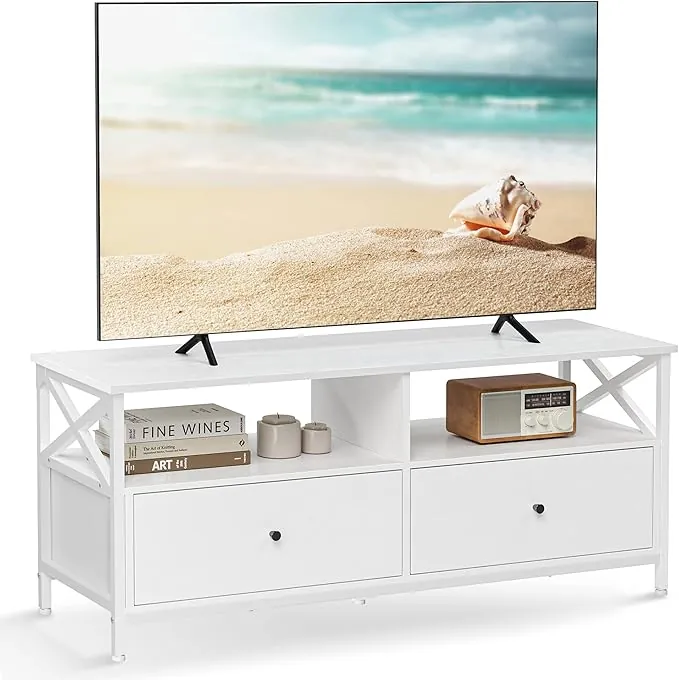 VASAGLE Mueble de TV, Mesa de TV de hasta 55 Pulgadas, con 2 Cajones y 2 Compartimentos Abiertos, 120 x 40 x 50 cm, para Salón, Dormitorio, Marco de Acero, Blanco LTV300B46