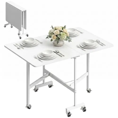 HOMCOM Mesa Plegable de Comedor 4-6 Personas con Ruedas 120x80x73 cm Blanco | Mesa de Cocina Plegable, Alas Abatibles, para Cocina Salón