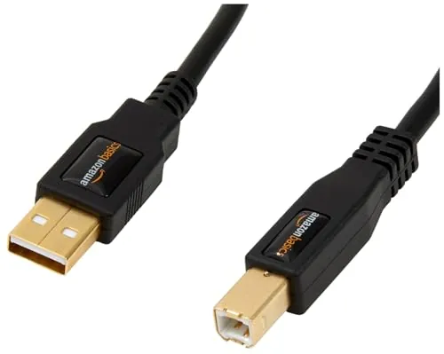 AmazonBasics Cable USB-A 2.0 Macho a USB-B Macho con Conectores Dorados para Impresora (1.8 m), Negro