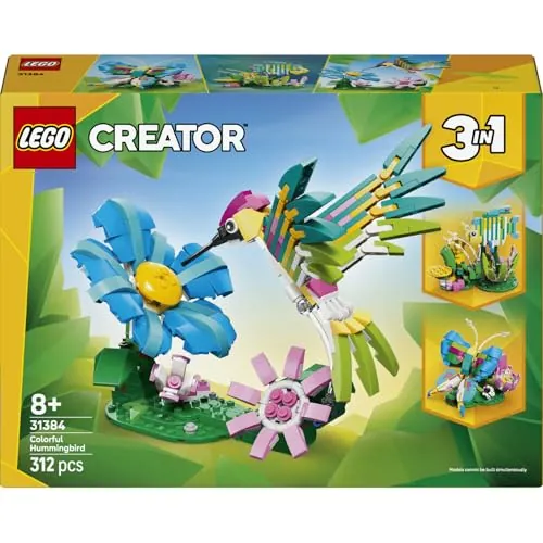 LEGO Creator 3 en 1 Fauna Salvaje: Colibrí de Colores 31384 | Juguetes para niñas de 8+ años, pájaro transformable en mariposa o figura de pez, regalo de cumpleaños, 312 piezas