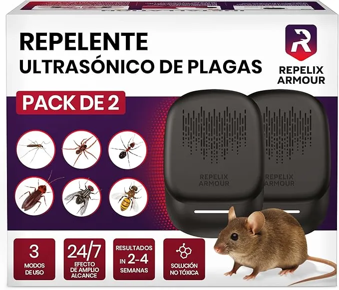 Repelente ultrasónico de plagas para Interiores – Pack de 2 – Cubre 140m² por Dispositivo – 3 Modos – Repele Ratones, Ratas, arañas, Mosquitos, Hormigas, Insectos y Moscas