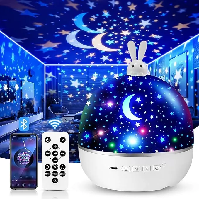 Proyector de Galaxias y Estrellas Real,15 Temas Luz Nocturna Infantil con Control Remoto,Música Bluetooth Proyector Estrellas,360°Rotación Luz Bebe,Regalo Bebe Recien Nacido Niño,Sant Jordi Regalos