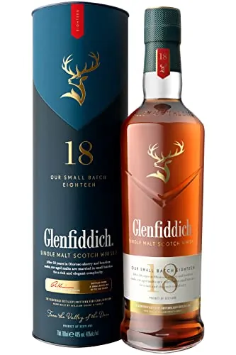 GLENFIDDICH de 18 años Single Malt Scotch Whisky - Elegancia refinada - Roble, manzana al horno, canela - Madurado en barricas de jerez Oloroso y bourbon - Producto de Escocia - 40% vol. - 70 cl