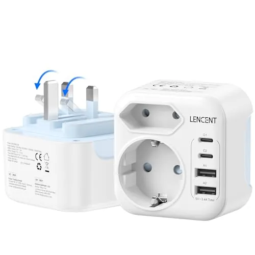 LENCENT Adaptador Enchufe Reino Unido, Cargador Inglaterra Viaje con 2 USB-C y 2 USB-A, Adaptador Europa Portugal a UK Compacto Plegable para Escocia, Irlanda, Gales, Maldivas, Gran Bretaña, Tipo G
