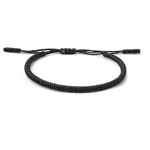 Pulsera Tibetana | Tejida a Mano, Ajustable de 15 a 24 cm, Para Hombre y Mujer, Nudo Tradicional Budista | Amuletos de la Suerte y Protección | Pulseras de Hilo Rojo | Pulsera Hilo Rojo (Negro)